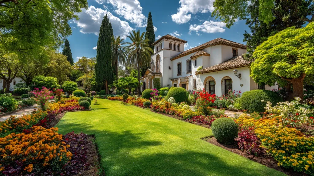 A stunning, well-maintained garden at a Spanish property, showcasing high curb appeal.