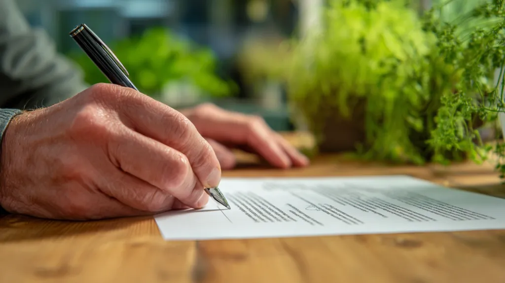 rimer plano de una persona firmando un contrato de servicio de jardinería.