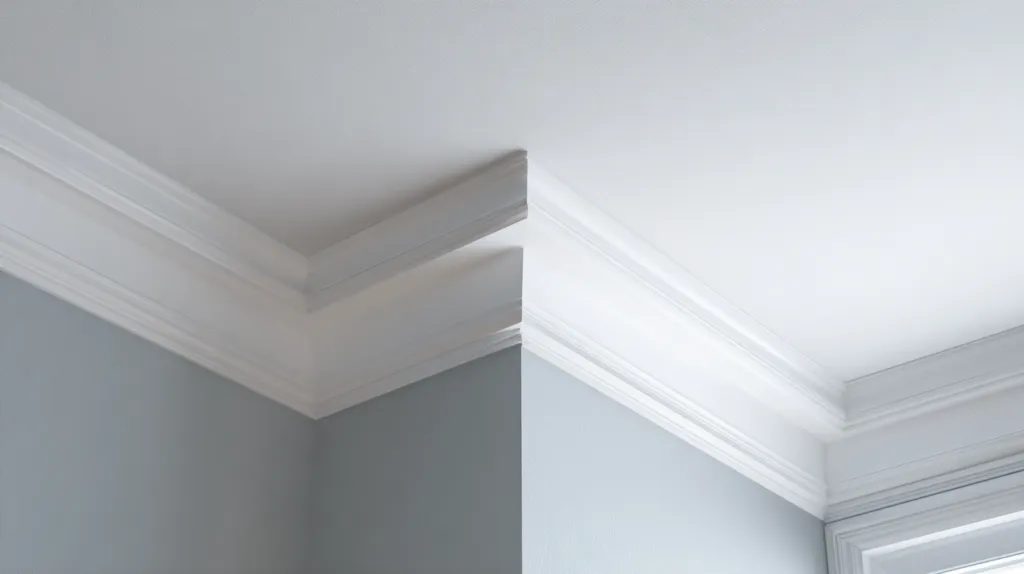 rimer plano de una línea de corte de pintura perfectamente recta entre una pared gris y un techo blanco.