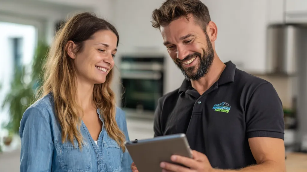 A Spanish electrician showing a client a detailed quote on a tablet.