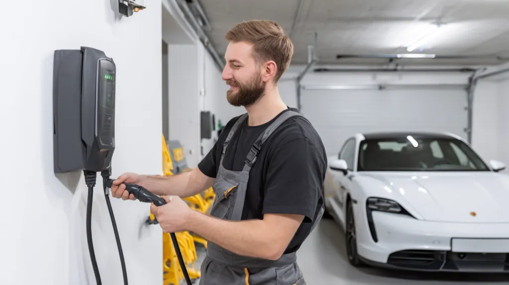 n electricista moderno instalando un punto de recarga para un vehículo eléctrico en el garaje de una casa.
