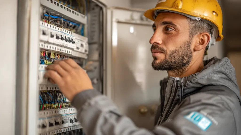 Electricista profesional cualificado revisando con seguridad un cuadro eléctrico moderno en una vivienda.