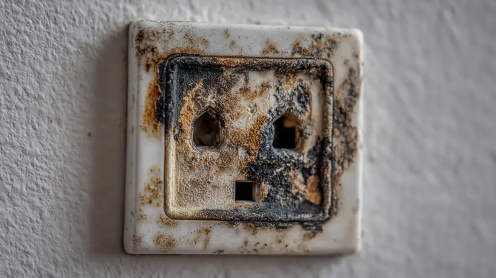 Primer plano de un enchufe de pared quemado y chamuscado, mostrando una señal de peligro eléctrico.