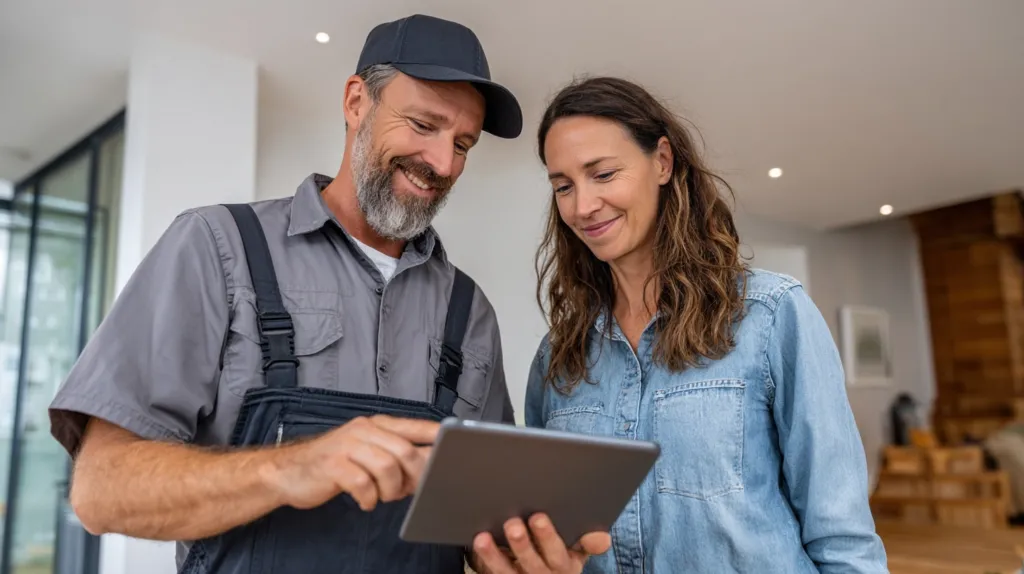 Un fontanero amable que muestra a un cliente un presupuesto detallado en un tablet.