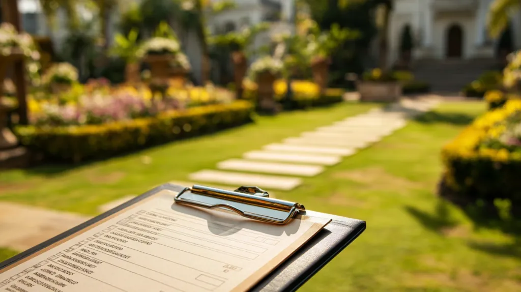 A close-up of a garden maintenance checklist on a clipboard, with a beautiful Spanish garden in the background.