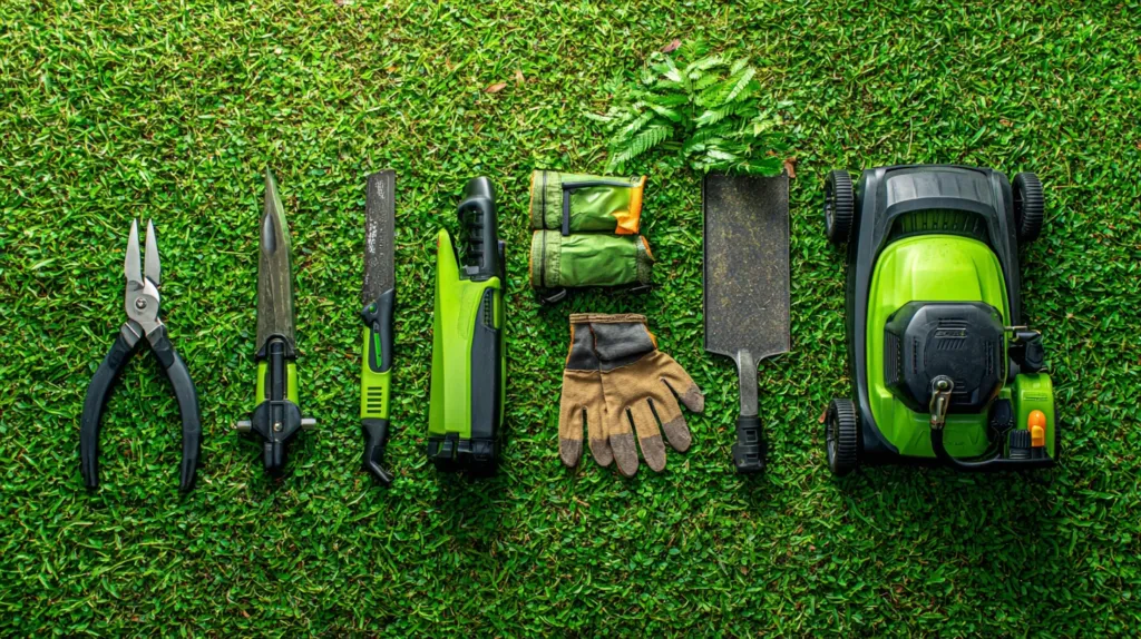 Una selección de herramientas de jardinería profesionales, como podadoras, cortacésped y soplahojas, ordenadas sobre el césped.