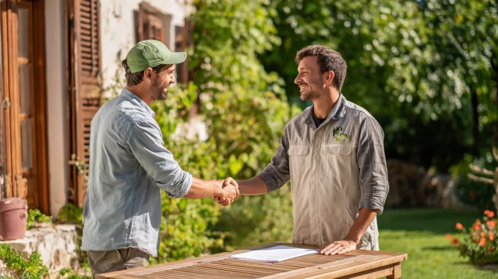 Homeowner and gardener shaking hands in a garden after agreeing on a contract in Spain.