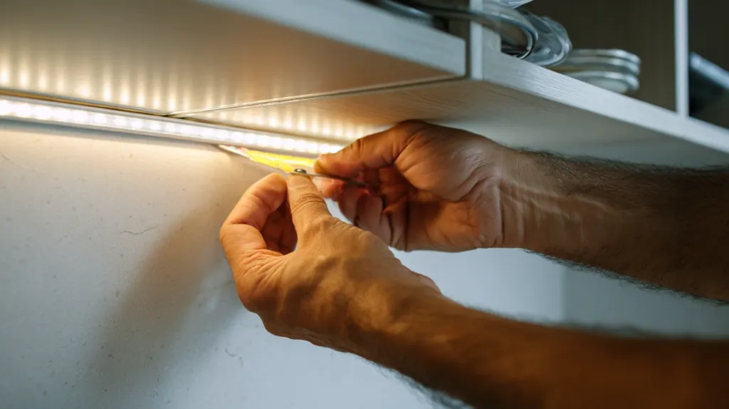 Un electricista instalando una moderna tira de iluminación LED en una cocina.