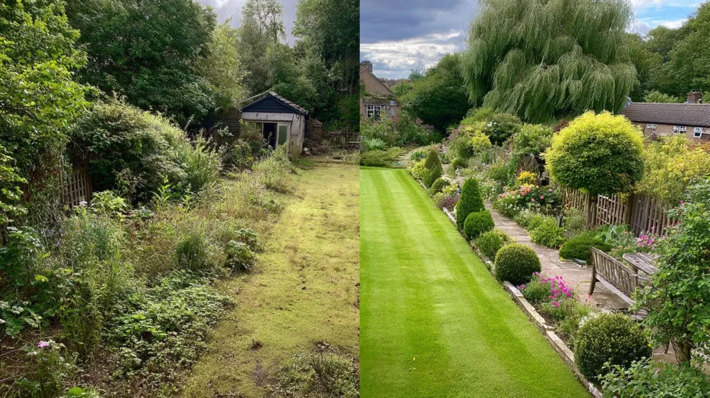 Comparativa de un jardín antes y después del trabajo de un jardinero profesional, mostrando un cambio drástico.