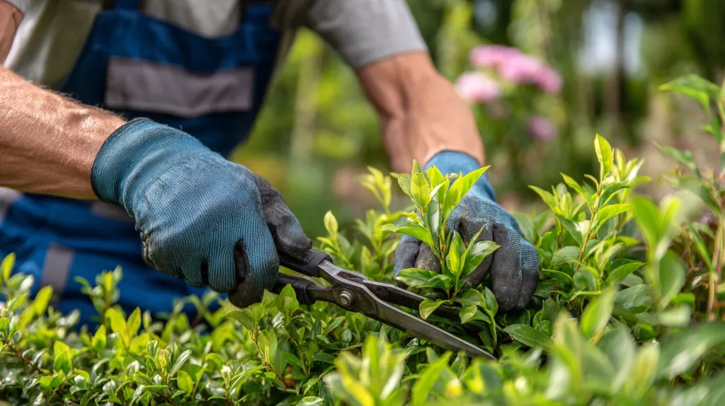 Jardinero profesional podando cuidadosamente un arbusto en un jardín bien cuidado.