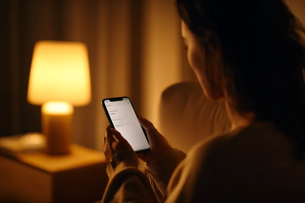 Una persona que lee reseñas de clientes sobre una empresa de limpieza en su teléfono móvil.