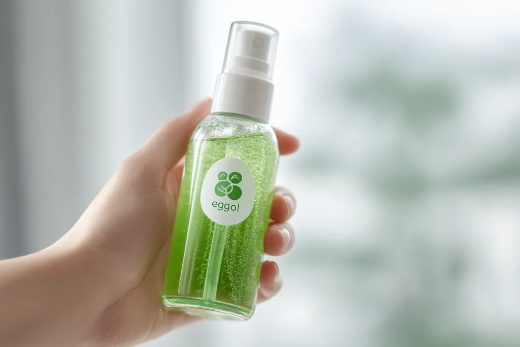 Una mano que sostiene una botella pulverizadora con limpiador ecológico, con enfoque en una certificación Ecolabel.