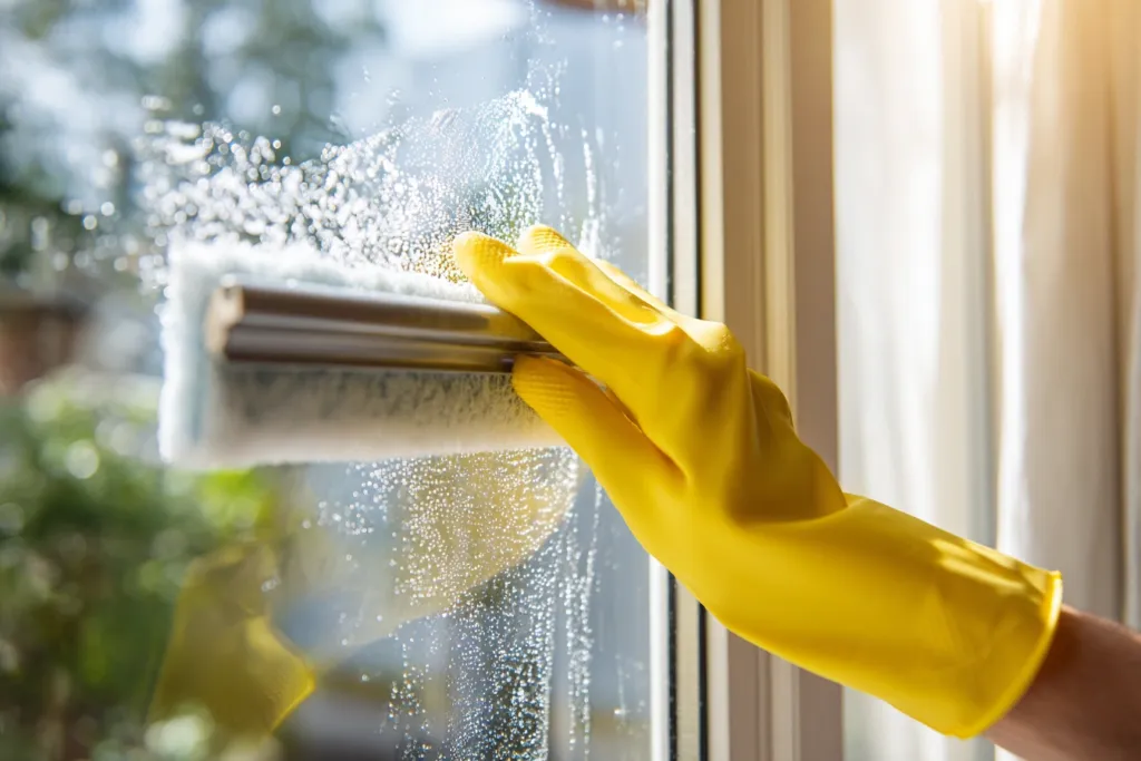 A professional cleaner using a high-quality squeegee to clean a large window in a Spanish home.
