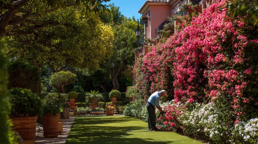 A professional gardener carefully trimming hedges at a sunny villa in Spain.