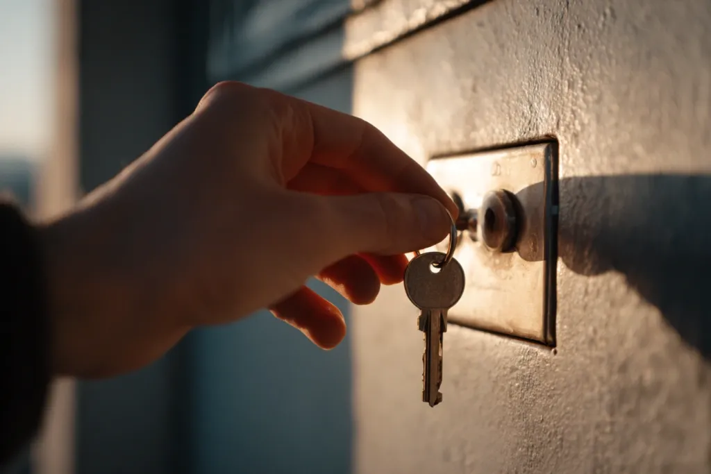 A person's hand securely placing a key into a lockbox mounted on a clean wall.