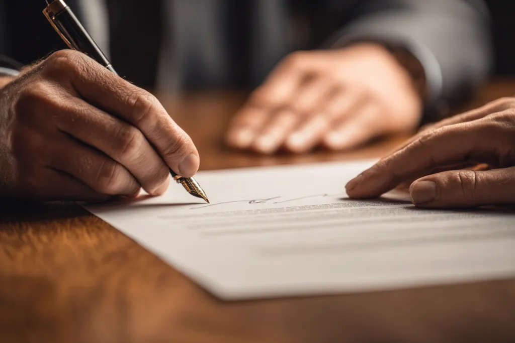 Two people at a table, one signing a formal service contract for a cleaning company.