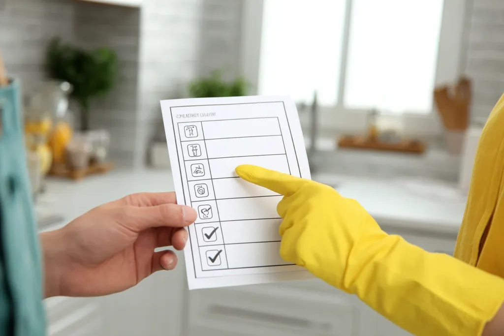 A homeowner showing a cleaner a laminated visual checklist with simple icons for cleaning tasks.
