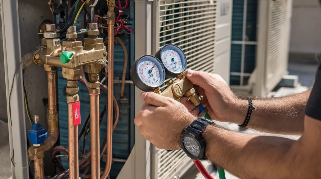 A certified technician using a vacuum pump to commission a new air conditioning system in Spain