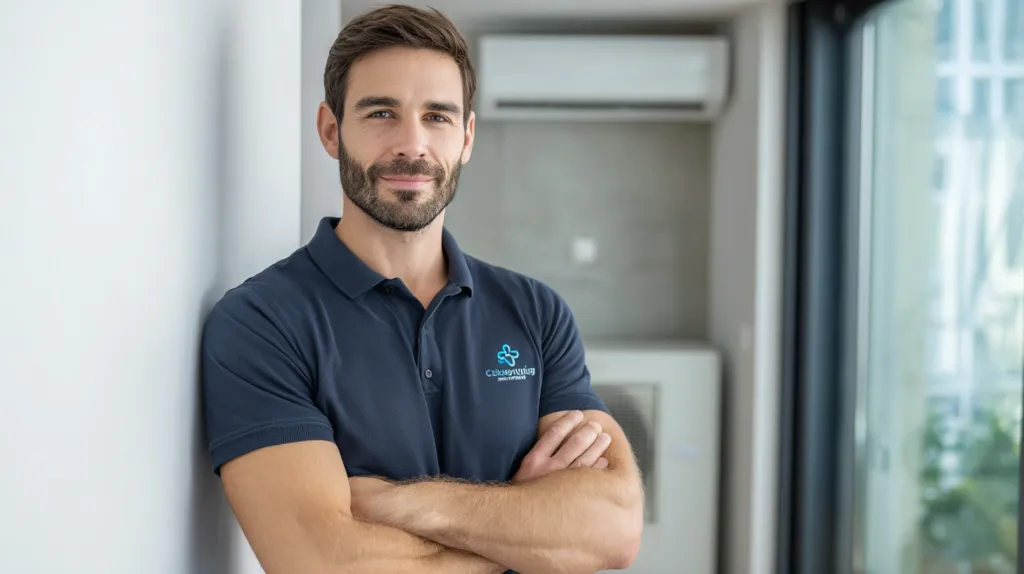 A certified air conditioning technician in Spain standing in front of an installed unit