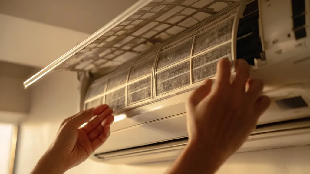 Una persona que retira con cuidado y limpia filtros polvorientos de una unidad interior de aire acondicionado.