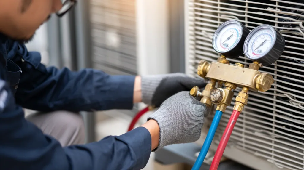 Técnico que utiliza una bomba de vacío para vaciar el circuito de aire acondicionado antes de la carga de gas.