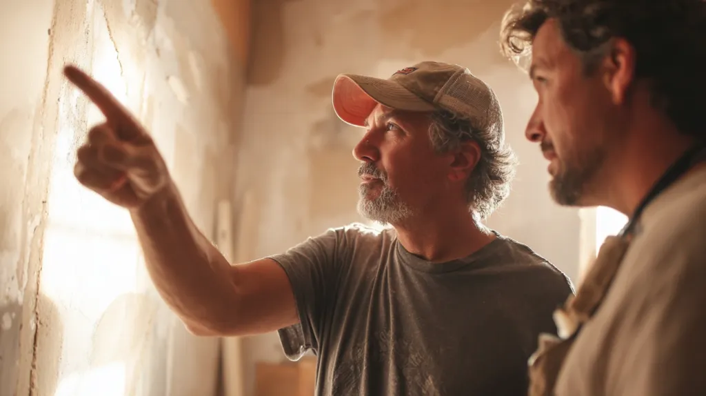 Un albañil explicando de forma clara y profesional un detalle del proyecto a un cliente satisfecho en la zona de obras.