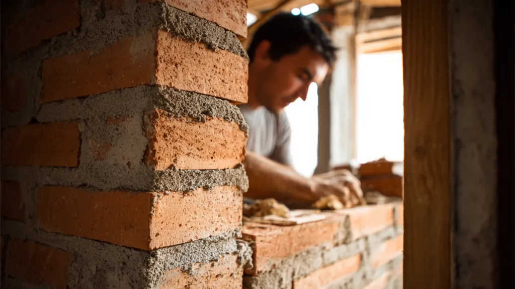 Un albañil construyendo un tabique interior con ladrillos en una vivienda en proceso de reforma.