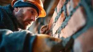 Un albañil profesional colocando ladrillos con precisión en una pared de una reforma.