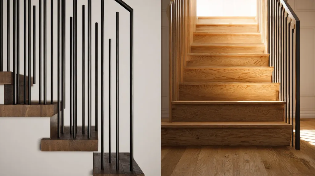 Comparativa visual entre una barandilla de metal de estilo industrial y una escalera de madera cálida.