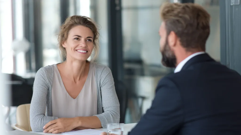 A property owner having a professional discussion with a potential property manager in an office setting.