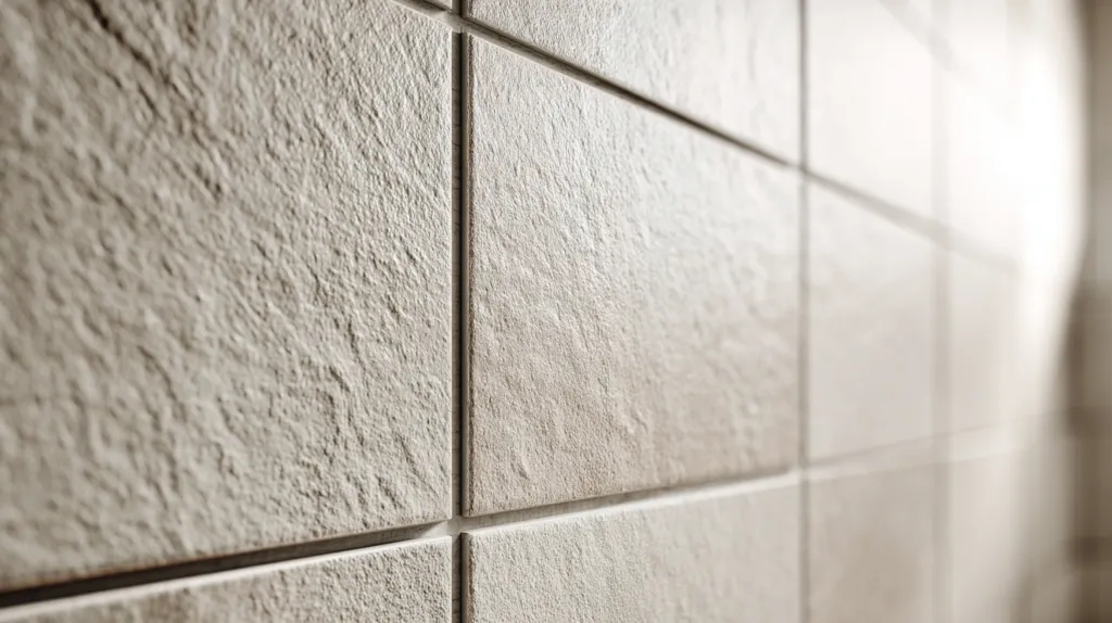 Detalle de un alicatado de baño perfectamente ejecutado, con juntas uniformes y limpias.