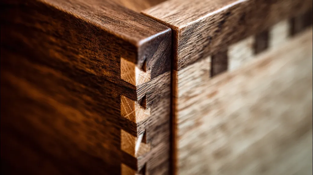 Detalle de una unión de carpintería de cola de milano perfectamente ejecutada en un cajón de madera de alta calidad.