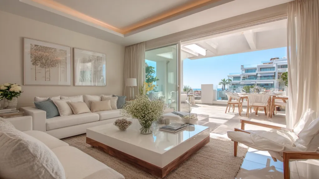 The bright and clean interior of a modern holiday rental apartment on the Costa del Sol, prepared for new guests.