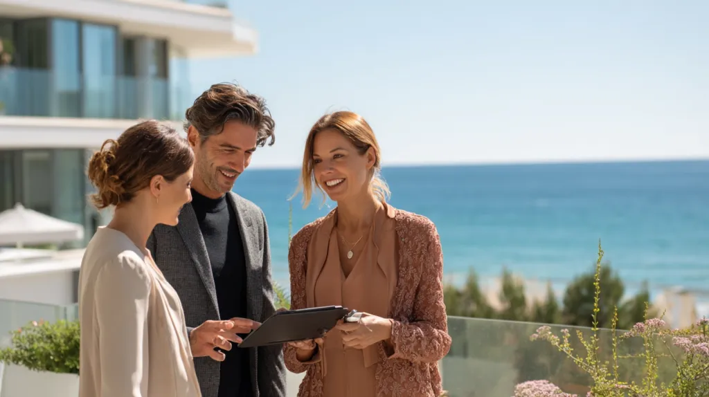 A professional property manager handing keys to a happy couple on a sunny balcony overlooking the sea on the Costa del Sol.