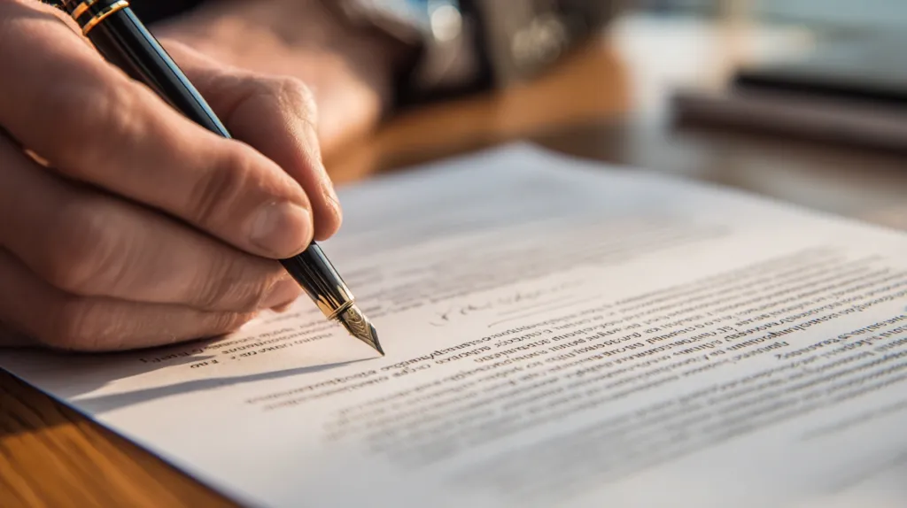 A close-up of a person signing a Spanish long-term rental agreement (contrato de arrendamiento).