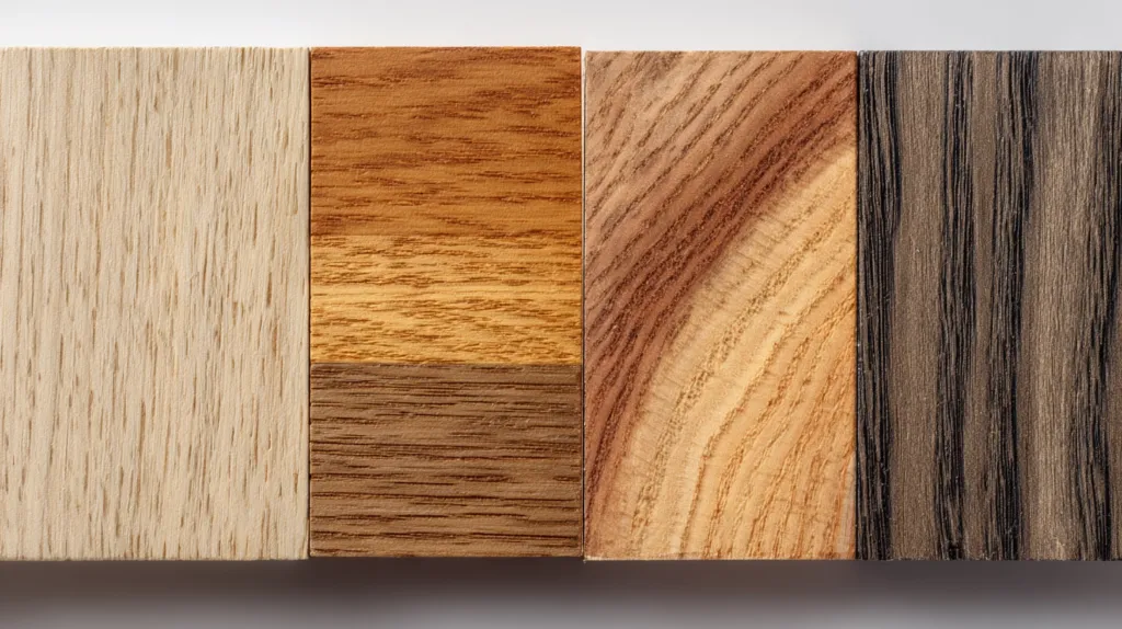 Muestras de diferentes tipos de madera como pino, roble y haya, mostrando sus distintas vetas y colores.