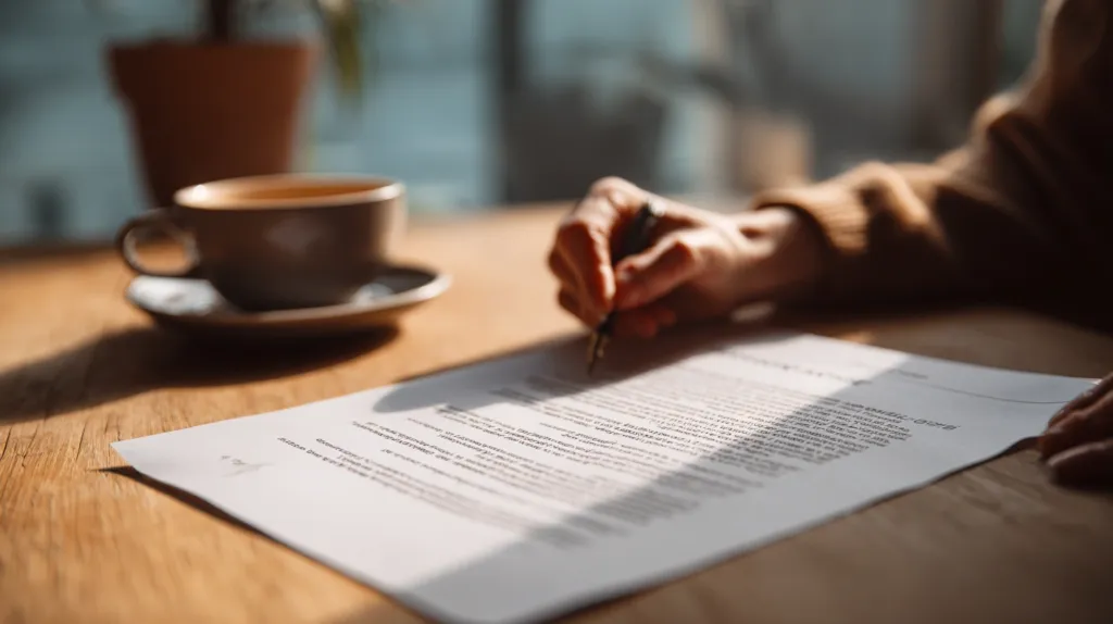 Un primer plano de las manos de una persona revisando un contrato de mudanza detallado sobre un escritorio, junto a una taza de café.