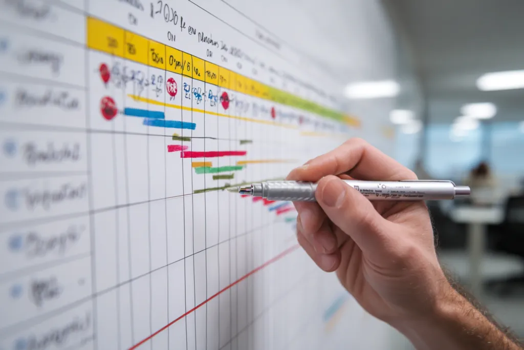 Cronograma de una reforma integral en un calendario de pared con fases marcadas.