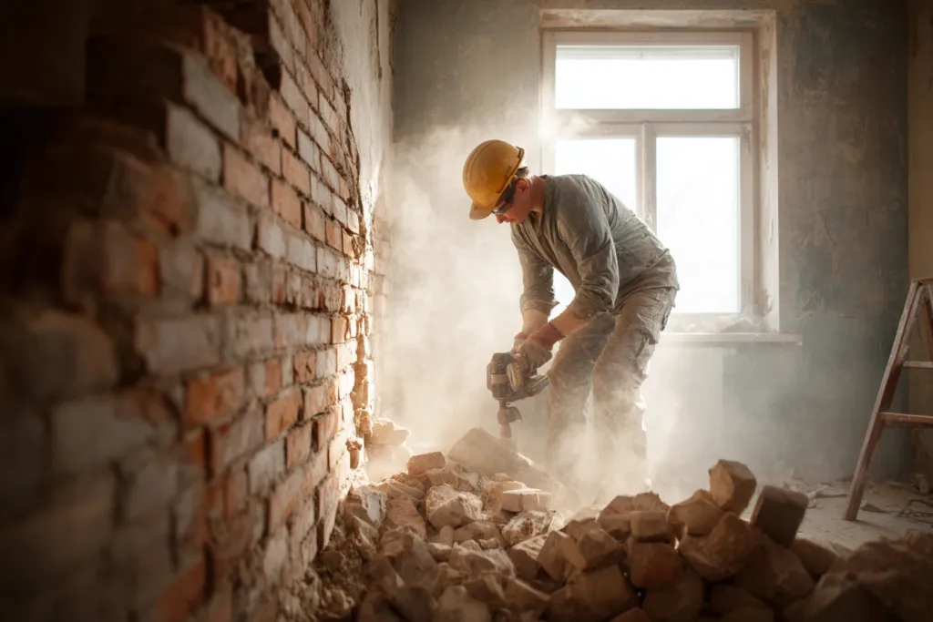 Trabajador realizando la demolición de un tabique durante la primera fase de una reforma integral.