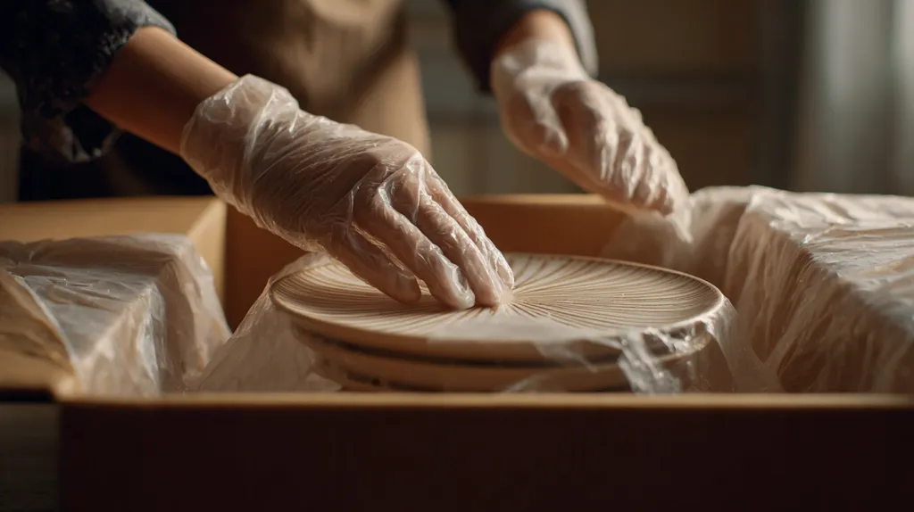Un operario de mudanzas que envuelve cuidadosamente un plato de porcelana con material protector dentro de una caja de mudanza.