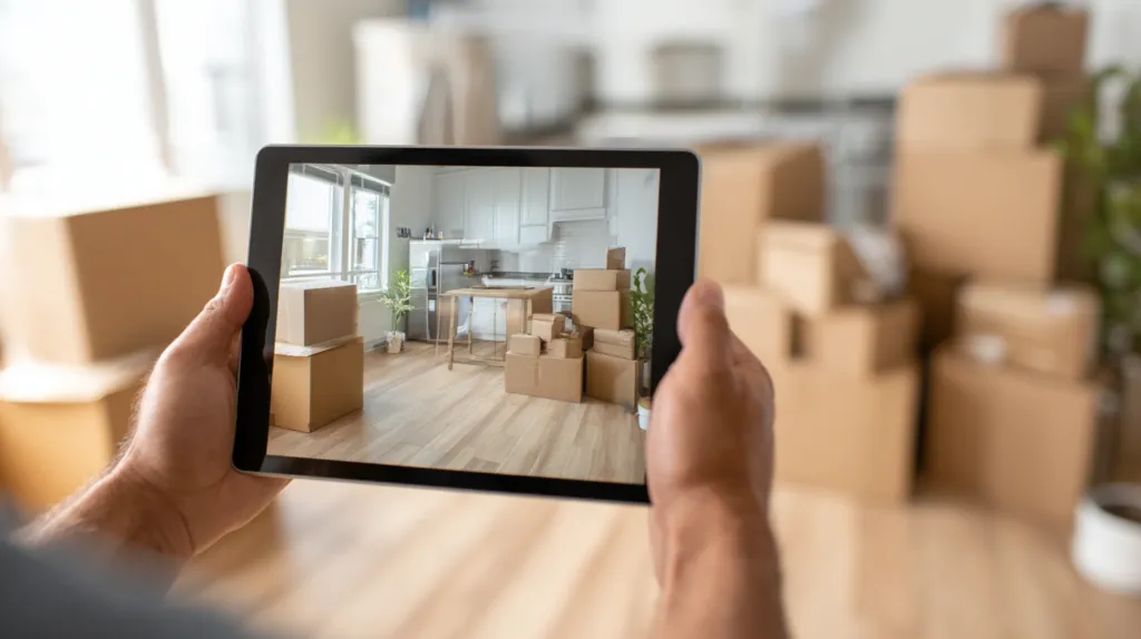 Un operario de mudanzas que utiliza una tableta para realizar un inventario digital de muebles con fotografías.