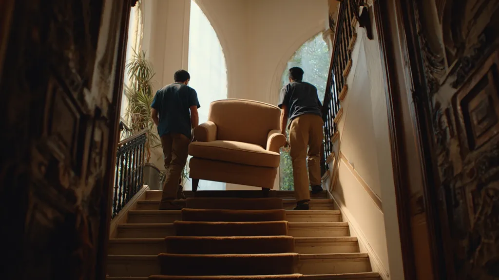 Two movers carefully maneuvering a large piece of furniture down a narrow staircase in a typical Spanish apartment building.