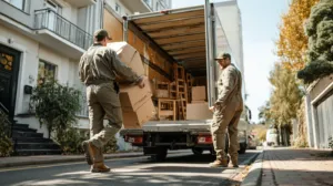 Two professional movers carefully loading boxes and furniture into a moving truck in a sunny Spanish street.