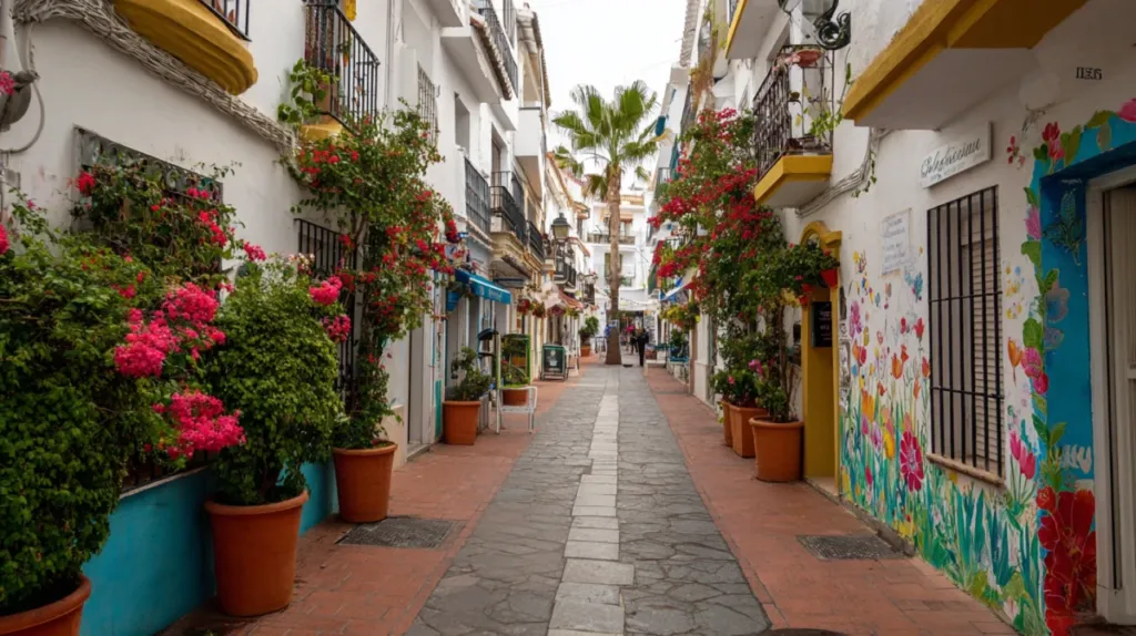 Pedestrianized street in Estepona old town with colorful murals on whitewashed walls and potted flowers