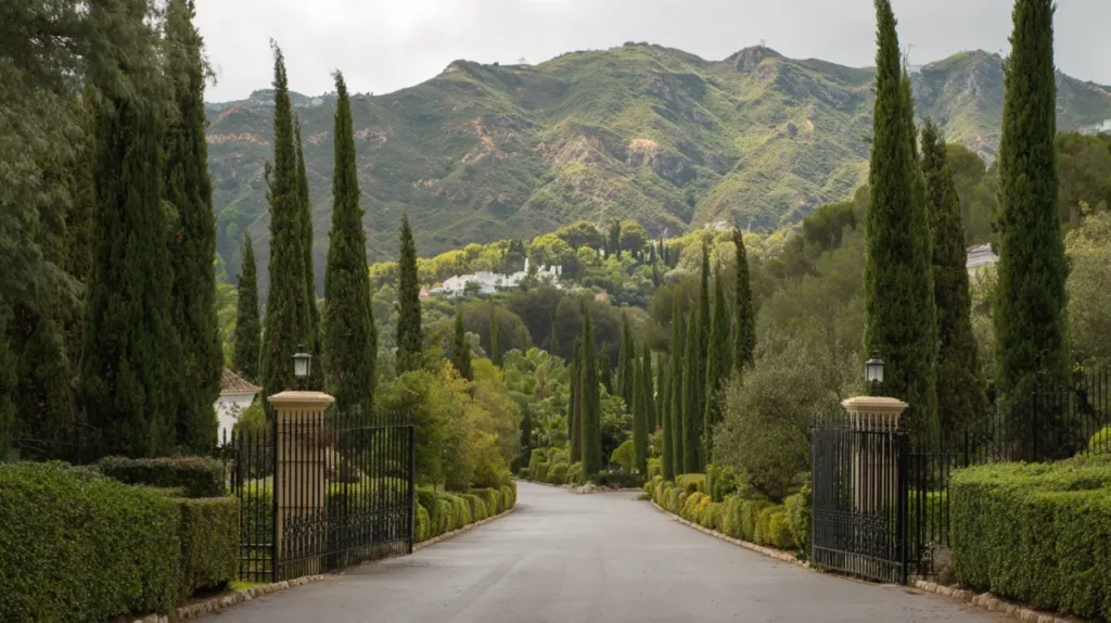 Gated entrance road to La Zagaleta private estate with lush landscaping and mountain backdrop