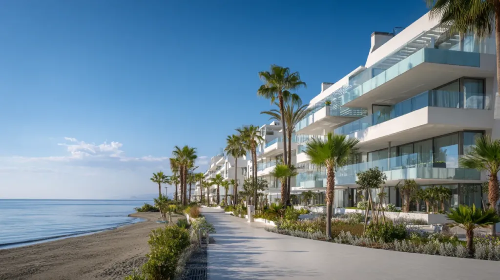 Modern new-build apartment complex along the New Golden Mile beachside strip near Estepona