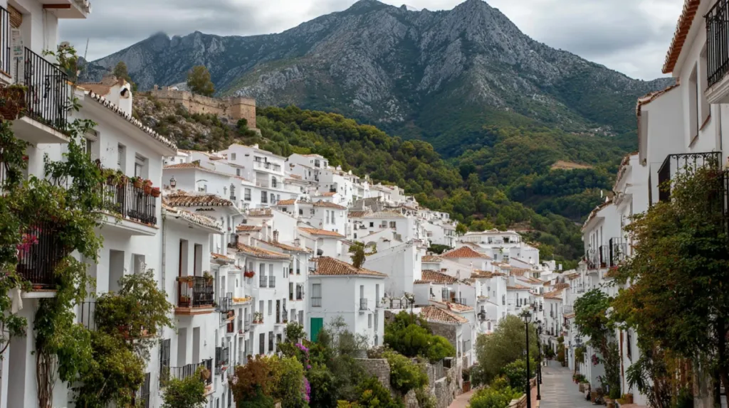 Ojén white village nestled in the mountains above Marbella with whitewashed houses and green hillsides