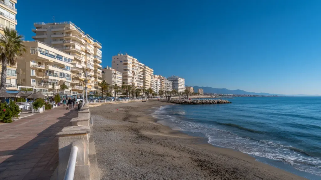 Rincón de la Victoria beachfront promenade with apartment buildings and calm Mediterranean sea