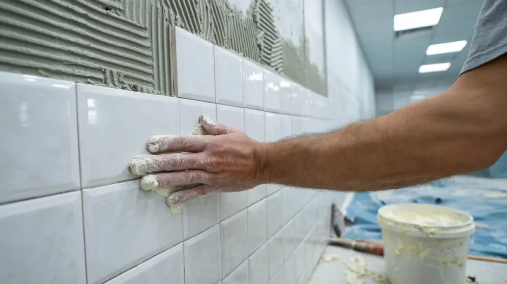 Albañil colocando azulejos en la pared de un baño durante una reforma