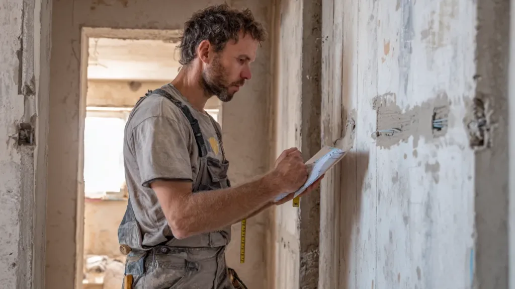 Albañil tomando medidas en una habitación antes de comenzar una reforma